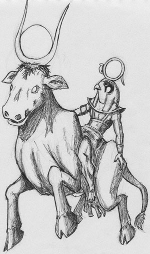 Ra ascends via Nut as the Celestial Cow. Drawing 2009 by Adrian DeFuria. Please do not reproduce, copy, or link to this image without permission.